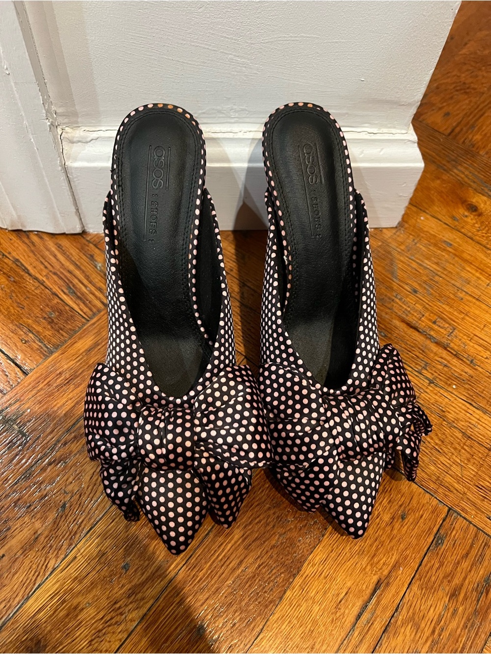 ASOS Black heeled Mules with Pink Polka Dot Bow